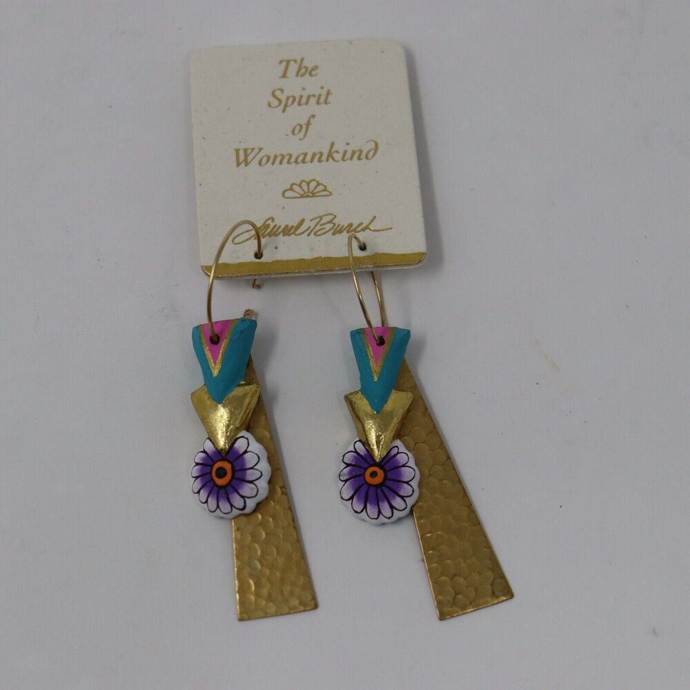 Laurel Burch SPIRIT OF WOMANKIND earrings New Old Stock Dangle Hoops Flower
